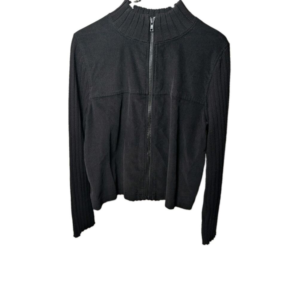 Christopher Banks Sweater Womens M Black Knit Corduroy Zip Cardigan Minimalist
